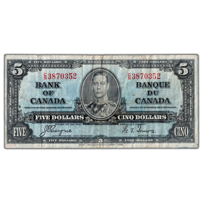$5 1937 Bank of Canada Note Coyne-Towers C/S Prefix BC-23c - Fine (tear)