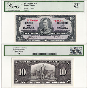SOLD $10 1937 Bank of Canada Note Coyne-Towers A/T Prefix BC-24c - Legacy UNC-63