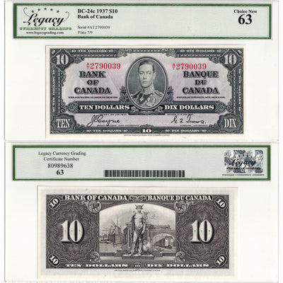 SOLD $10 1937 Bank of Canada Note Coyne-Towers A/T Prefix BC-24c - Legacy UNC-63