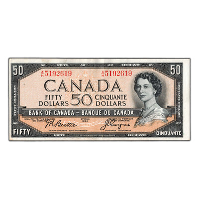 SOLD $50 1954 Bank of Canada Note Beattie-Coyne A/H Prefix BC-42a - EF