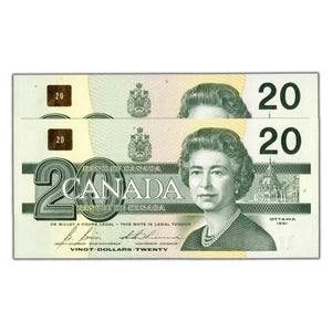 SOLD $20 1991 Bank of Canada Notes EVC Prefix W/ BPN BC-58d - 2 Consecutive - Ch UNC