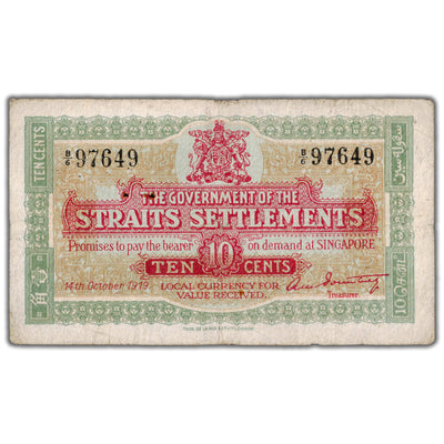 SOLD Straits Settlements 1919 10 Ten Cents Note P #8b - Fine (pinholes)