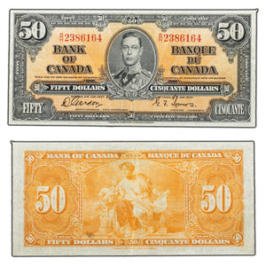 SOLD $50 1937 Bank of Canada Note Gordon-Towers B/H Prefix BC-26b - Cleaned
