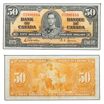 SOLD $50 1937 Bank of Canada Note Gordon-Towers B/H Prefix BC-26b - Cleaned
