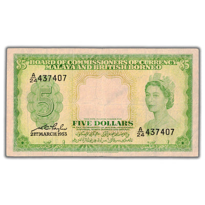 SOLD Malaya and British Borneo 1953 $5 Five Dollars Note P #2a