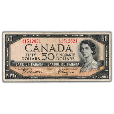 SOLD $50 1954 Bank of Canada Note Devil Face Beattie-Coyne BC-34b - Writing on Back