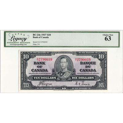 SOLD $10 1937 Bank of Canada Note Coyne-Towers A/T Prefix BC-24c - Legacy UNC-63