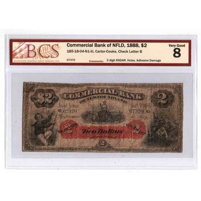 SOLD $2 1888 Commercial Bank of Newfoundland Note CH-185-18-04 - BCS VG-8 RADAR