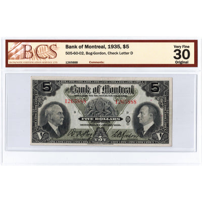 SOLD $5 1935 Bank of Montreal Canada Chartered Note #505-60-02 - BCS VF-30