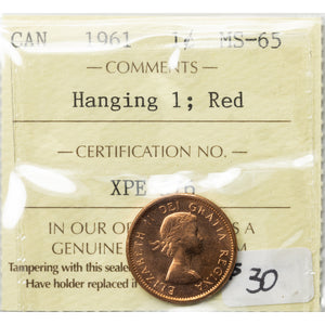 SOLD Canada 1961 Hanging '1' 1 Small Cent Coin - ICCS MS-65 Red