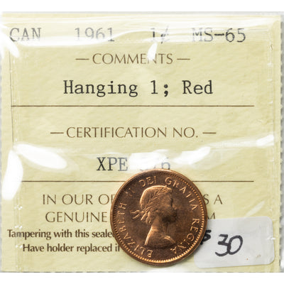 SOLD Canada 1961 Hanging '1' 1 Small Cent Coin - ICCS MS-65 Red