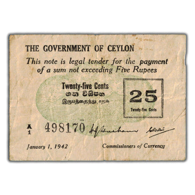 Ceylon 1942 25 Twenty Five Cents Note - Circulated