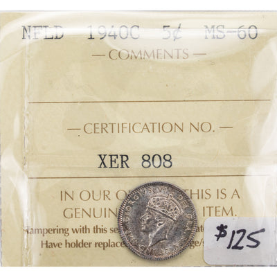 Newfoundland 1940c 5 Cents Silver Coin - ICCS MS-60