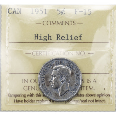 SOLD Canada 1951 High Relief 5 Cents Nickel Coin - ICCS F-15