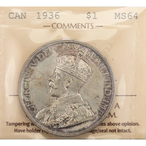 SOLD Canada 1936 $1 Silver Dollar Coin - ICCS MS-64