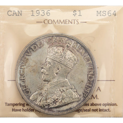 SOLD Canada 1936 $1 Silver Dollar Coin - ICCS MS-64