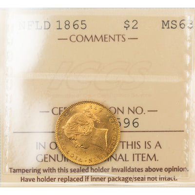 SOLD Newfoundland 1865 $2 Two Dollars Gold Coin - ICCS MS-63