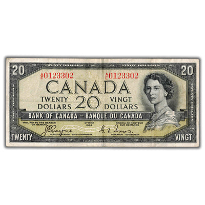 $20 1954 Bank of Canada Note Devil Face Coyne-Towers A/E Prefix BC-33a - VF