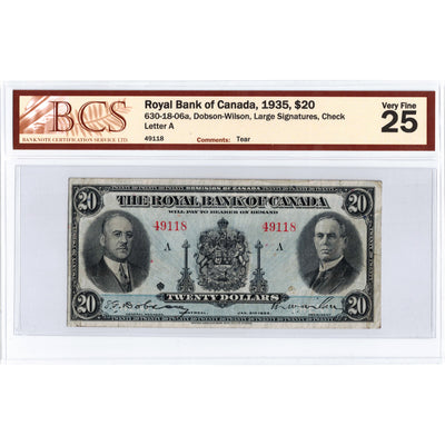 SOLD $20 1935 Royal Bank of Canada Chartered Note #630-18-06a - BCS VF-25
