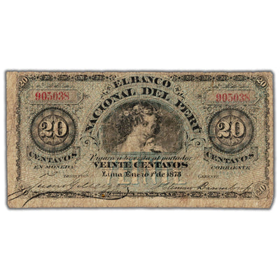 SOLD Peru Banco Nacional 1873 20 Centavos Note P #S301 - Filler (small pinholes)