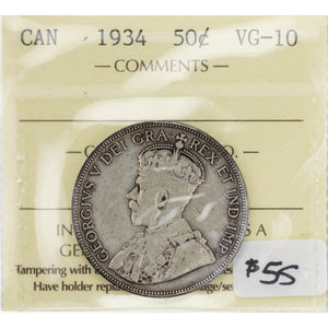 SOLD Canada 1934 50 Cents Half Dollar Silver Coin - ICCS VG-10