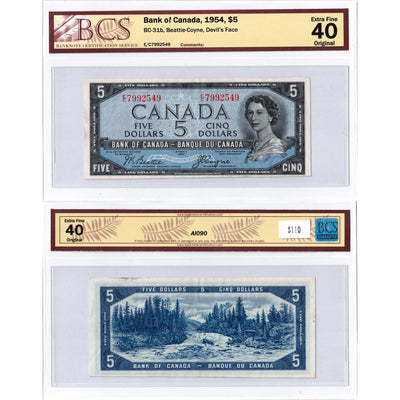 SOLD $5 1954 Bank of Canada Note Devil Face E/C Prefix BC-31b - BCS EF-40