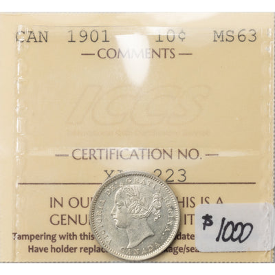 SOLD Canada 1901 10 Cents Dime Silver Coin - ICCS MS-63