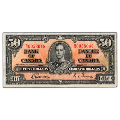 SOLD $50 1937 Bank of Canada Note Gordon-Towers B/H Prefix BC-26b - VF