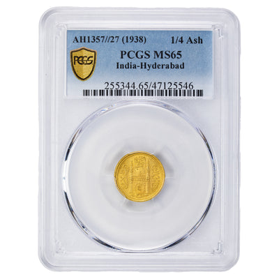 SOLD India Hyderabad AH1357 27 (1938) 1/4 Ashrafi Gold Coin PCGS MS-65 Y# 55