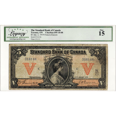 $5 1919 Standard Bank of Canada Chartered Note #695-18-08 - Legacy F-15