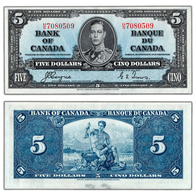 $5 1937 Bank of Canada Note Coyne-Towers H/S Prefix BC-23c - AU/UNC