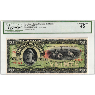 SOLD Mexico Banco Nacional 1913 20 Pesos Note P #S259d - Legacy EF-45