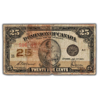 25 Cents 1923 Dominion of Canada Shinplaster Note DC-24c - Soiled