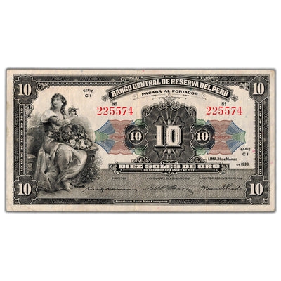 Peru 1933 10 Soles de Oro Note P #67a - VF