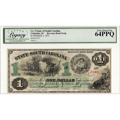 SOLD United States 1872 $1 State of South Carolina Revenue Bond Scrip Note - Legacy Ch UNC-64 PPQ
