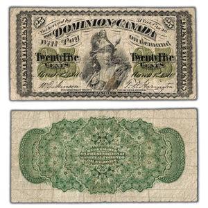 SOLD 25 Cents 1870 Dominion of Canada Note Shinplaster Plain DC-1c - VG/F