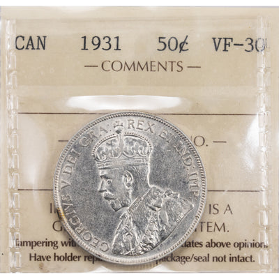 SOLD Canada 1931 50 Cents Half Dollar Silver Coin - ICCS VF-30