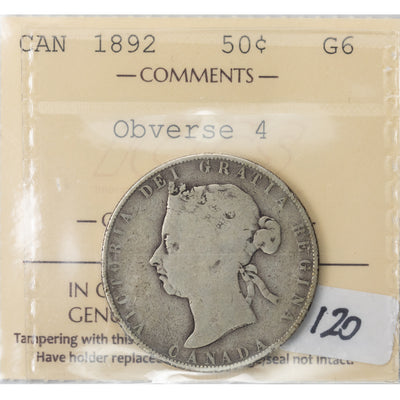 SOLD Canada 1892 Obv 4 50 Cents Half Dollar Silver Coin - ICCS G-6