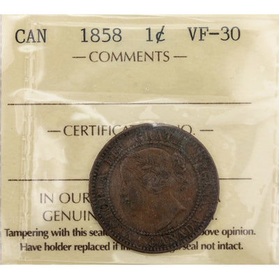 Canada 1858 One Large Cent Coin First Year of Issue! - ICCS VF-30