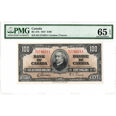 $100 1937 Bank of Canada Note Gordon-Towers B/J Prefix BC-27b - PMG Gem UNC-65 EPQ