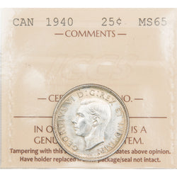 Canada 1940 25 Cents Quarter Silver Coin - ICCS MS-65