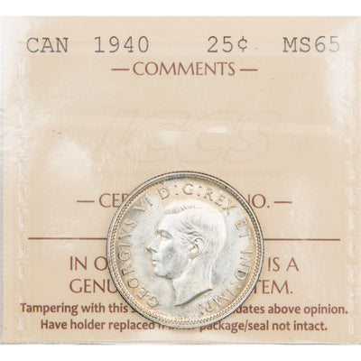 Canada 1940 25 Cents Quarter Silver Coin - ICCS MS-65