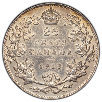 Canada 1913 25 Cents Quarter Silver Coin - Cleaned