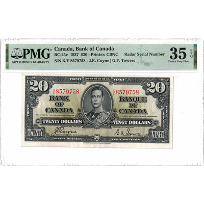 $20 1937 Bank of Canada Note Radar Serial 8579758 BC-25c - PMG VF-35 EPQ