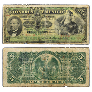SOLD Mexico Banco Londres Y Mexico 1913 5 Pesos Note - Pinholes