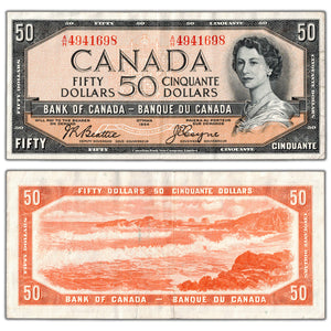 SOLD $50 1954 Bank of Canada Note Beattie-Coyne A/H Prefix BC-42a - VF/EF