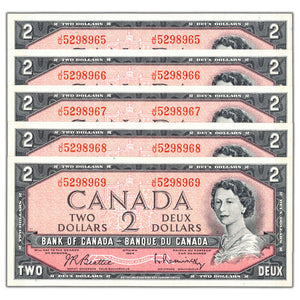 SOLD $2 1954 Bank of Canada Notes J/U Prefix BC-38b - 5 Consecutive Uncirculated