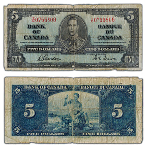 SOLD $5 1937 Bank of Canada Note Gordon-Towers T/C Prefix BC-23b - Circ. (issues)