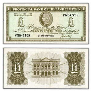 SOLD Ireland Provincial Bank 1969 1 One Pound Note - VF/EF