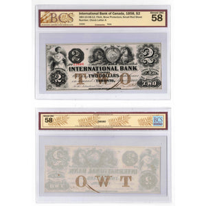 SOLD $2 1858 International Bank of Canada Chartered Note Ch #380-10-08-12 - BCS AU-58